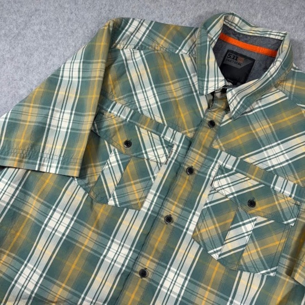 5.11 Tactical Button Down Shirt Mens M Green Yellow Plaid‎ Short Sleeve Utility